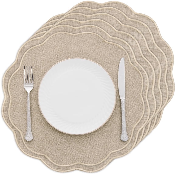Ileading Scalloped Round Placemats Set of 6 Polyester Linen Blend Washable Non Slip Place Mats Easy Clean Heat Resistant Table Mats for Kitchen Dining Table Decor