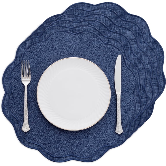 Scalloped Round Placemats Set of 6 Polyester Linen Blend Washable Non Slip Place Mats Easy Clean Heat Resistant Table Mats for Kitchen Dining Table Decor