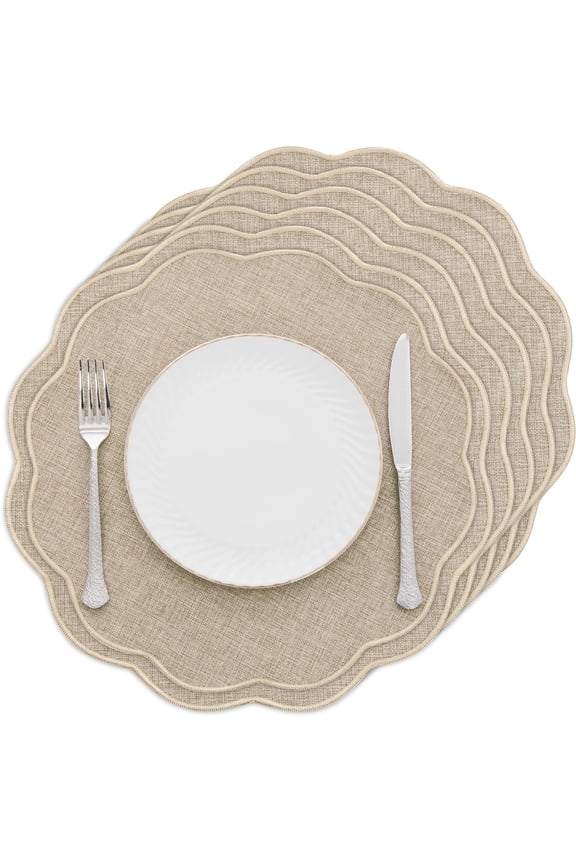 Scalloped Round Placemats Set of 6 Polyester Linen Blend Washable Non Slip Place Mats Easy Clean Heat Resistant Table Mats for Kitchen Dining Table Decor