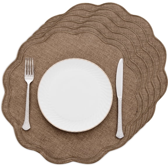 Scalloped Round Placemats Set of 6 Polyester Linen Blend Washable Non Slip Place Mats Easy Clean Heat Resistant Table Mats for Kitchen Dining Table Decor