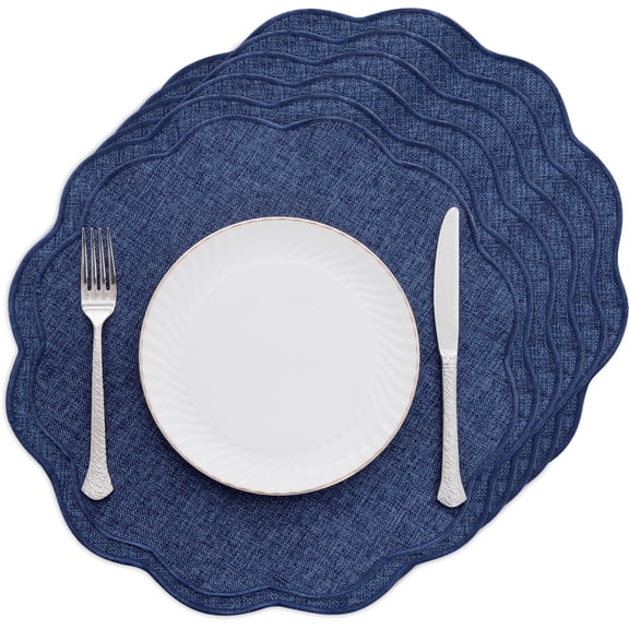 Ileading Scalloped Round Placemats Set of 6 Polyester Linen Blend Washable Non Slip Place Mats Easy Clean Heat Resistant Table Mats for Kitchen Dining Table Decor