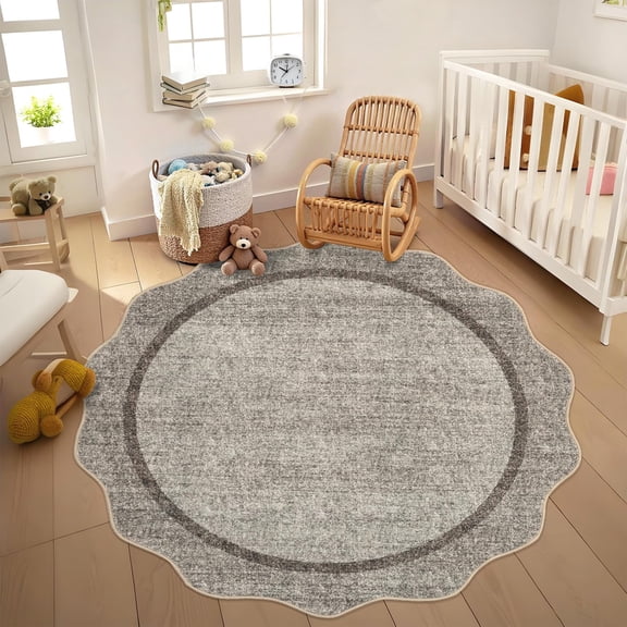 Scalloped Round Rugs 4ft Washable Circle Rug Non Slip Low Pile Boho Small Circular Rug for Bedroom, Bathroom, Entryway, Kids Room, Office, College Dorm, Brown