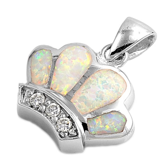 Scalloped Royal Crown Pendant White Simulated Opal .925 Sterling Silver Charm Jewelry Female Unisex