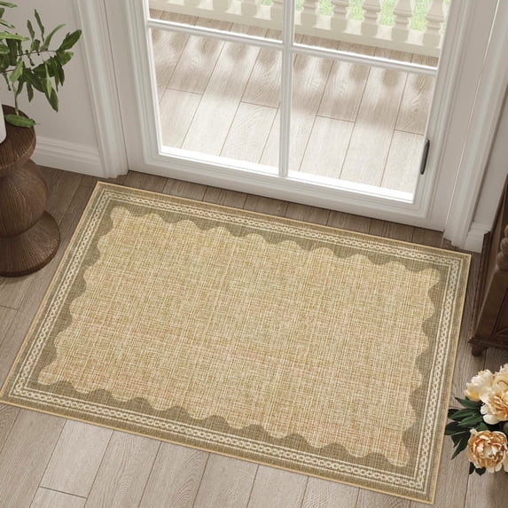 Scalloped Runner Rug 2'x3' for Hallway & Bathroom - Non Slip, Machine Washable Soft Carpet - Kitchen, Bedroom, Nursery Floor Mat (Beige)