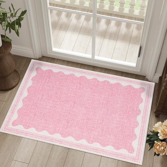 Scalloped Runner Rug 2'x3' for Hallway & Bathroom - Non Slip, Machine Washable Soft Carpet - Kitchen, Bedroom, Nursery Floor Mat (Pink)