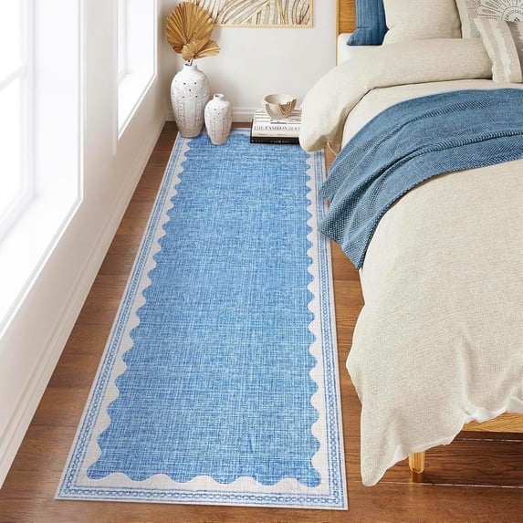 Scalloped Runner Rug 2'x6' for Hallway & Bathroom - Non Slip, Machine Washable Soft Carpet - Kitchen, Bedroom, Nursery Floor Mat (Blue)