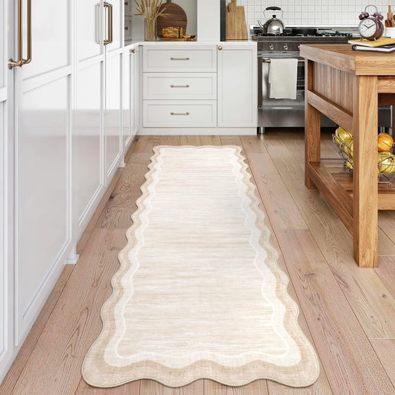 Scalloped Runner Rug 2x6ft – Washable, Non-Slip Low Pile, Ultra-Soft Modern Carpet for Hallway, Bedroom, Entryway – Mark Resistant, Collapsible – Light Cream, USA
