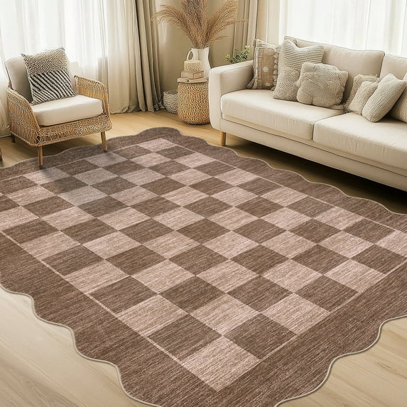 Scalloped Runner Rug 8*12 ft,Washable Non-Slip Kitchen/Hallway Rug,Farmhouse Checkerboard Indoor/Outdoor Carpet for Entryway, Porch, Laundry (Stain Resistant)