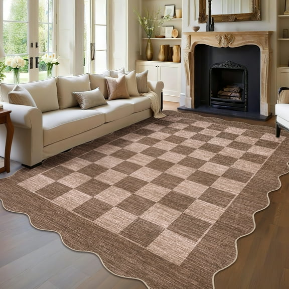 Scalloped Runner Rug 8*12 ft,Washable Non-Slip Kitchen/Hallway Rug,Farmhouse Checkerboard Indoor/Outdoor Carpet for Entryway, Porch, Laundry (Stain Resistant)