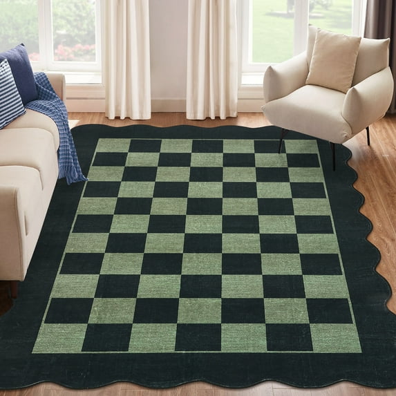 Scalloped Runner Rug 8*12 ft,Washable Non-Slip Kitchen/Hallway Rug,Farmhouse Checkerboard Indoor/Outdoor Carpet for Entryway, Porch, Laundry (Stain Resistant)