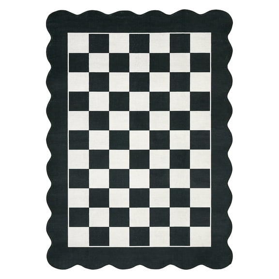 Scalloped Runner Rug, Washable Non-Slip Kitchen/Hallway Rug, Farmhouse Checkerboard Indoor/Outdoor Carpet, for Entryway, Porch, Laundry