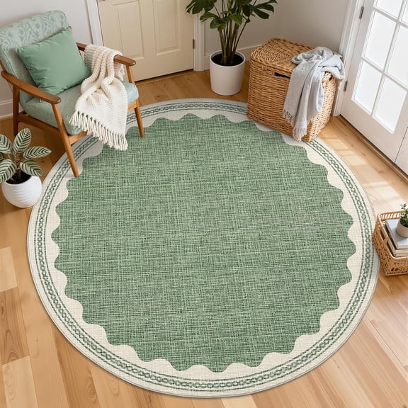 Scalloped Sage Green 4ft Round Rug Washable Non-Slip Soft Ultra-Thin Small Circle Modern Cottage Core Solid Carpet for Entryway Kitchen Bedroom Nursery Dining Room