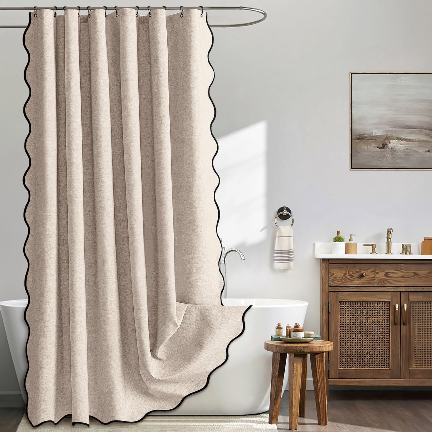 Scalloped Shower Curtain Linen Textured with 12 Metal Hooks Cute Heavy Duty Washable Waterproof Thick Cloth Shower Curtains with Black Border for Bathroom Hotel Bathtub,W72*L72 Beige