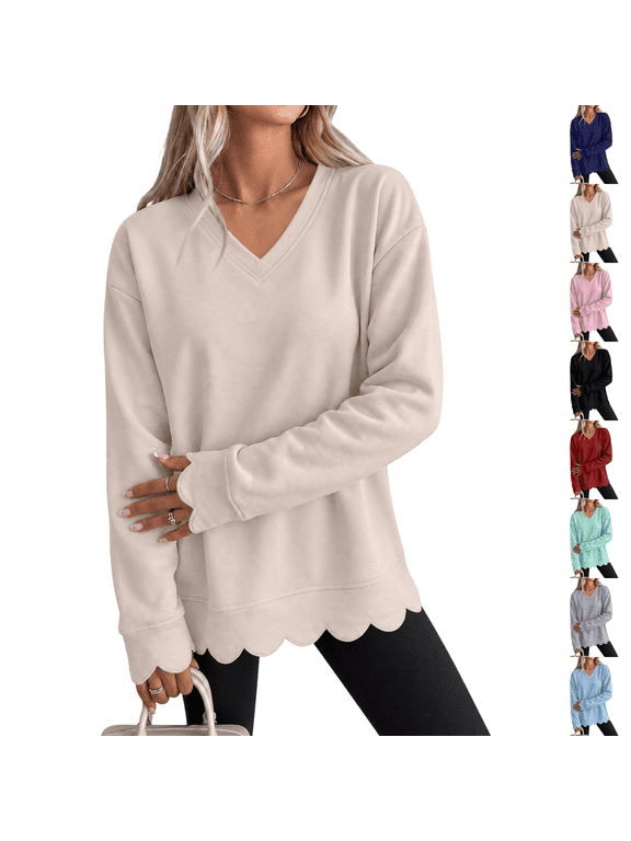 Scalloped Sweatshirt Womens Oversized V-neck Sweatshirts Pullover Fall Tops Loose Fit Soft Comfort Lightweight Long Sleeve Athletic Daily Trendy Beige M