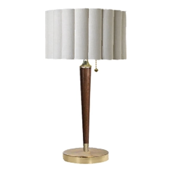 Scalloped Table Lamp in Walnut and Weathered Brass with White Linen Shade