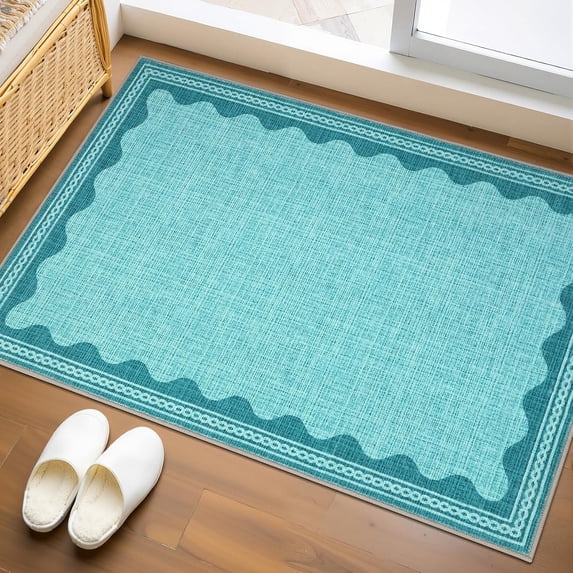 Scalloped Teal Door Mat Indoor Rugs for Entryway Small Rug 2x3 Washable Non-Slip TPE Backing Modern Minimalism Soft Low-Pile Throw Carpet for Bedroom Kitchen Bathroom