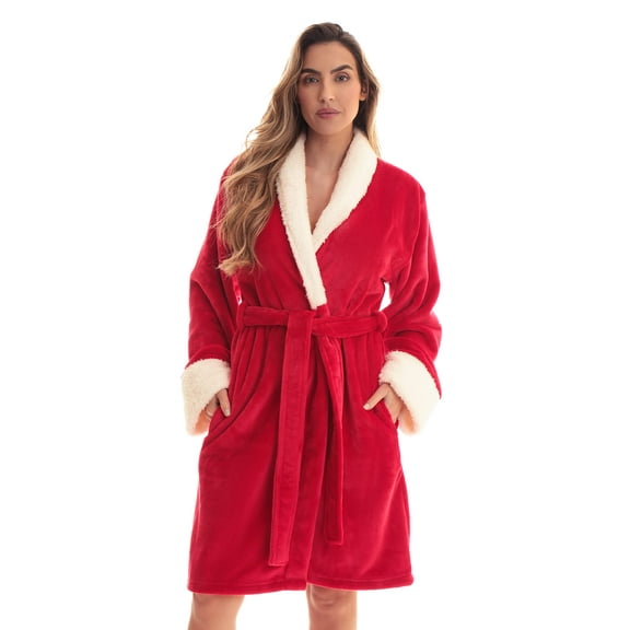 Scalloped Textured Kimono Robe (Red Sherpa, Large)