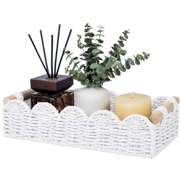Scalloped Toilet Paper Storage Basket W/Handle for Home Decor | Paper Rope Toilet Organizer Basket for Countertop, Over Toilet Shelf, End Table, Living Room, Bedroom Decor & More, Neutral