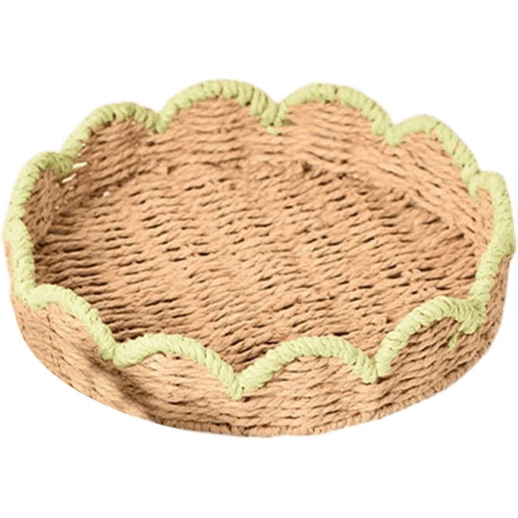 Scalloped Tray Paper Rope, Wicker Bread Basket, Shallow Hand-Woven Rattan Storage Tray, Multi-Purpose Serving Tray, Breathable Bin for Table Living Room Bedroom Organization(S)