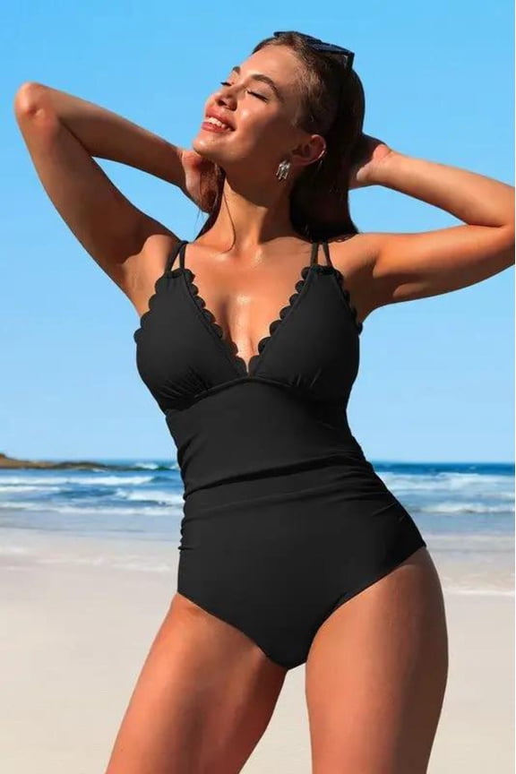 Scalloped V Neck Cut Out Monokini Swimwear for Women