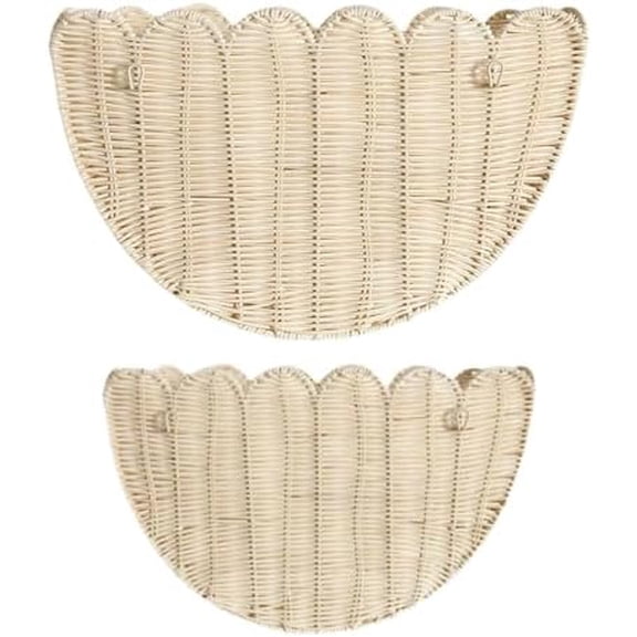 Scalloped Wall Basket,Hand Woven Hanging Wicker Wall Baskets Set, 16 x 10 x 7 & 14 x 8 x 6 Inch Scalloped Rattan Wall Basket Decor for Home,Bathroom,Living Room Organizing