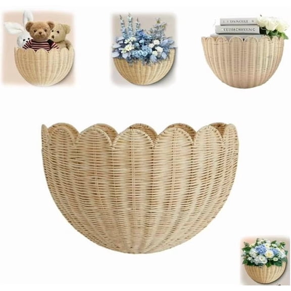 Scalloped Wall Basket,Hand Woven Hanging Wicker Wall Baskets Set, Scalloped Rattan Wall Basket Decor for Home,Bathroom,Living Room Organizing, 14 x 8 x 6 Inch