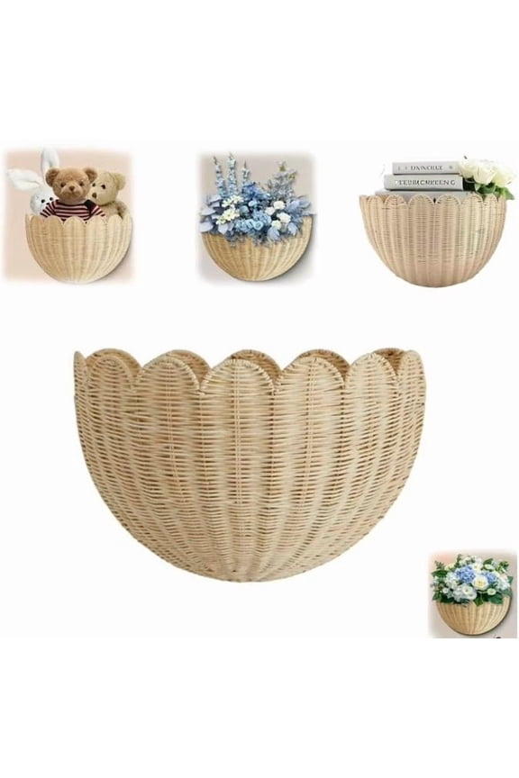 Scalloped Wall Basket,Hand Woven Hanging Wicker Wall Baskets Set, Scalloped Rattan Wall Basket Decor for Home,Bathroom,Living Room Organizing, 14 x 8 x 6 Inch