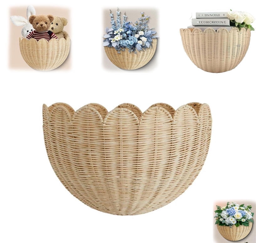 Scalloped Wall Basket,Hand Woven Hanging Wicker Wall Baskets Set,  Scalloped Rattan Wall Basket Decor for Home,Bathroom,Living Room Organizing, 1pcs, 16 x 10 x 7 Inch