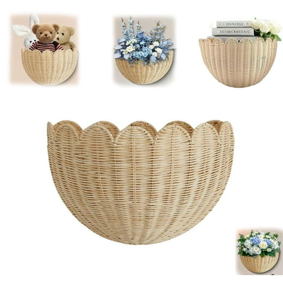 Scalloped Wall Basket,Hand Woven Hanging Wicker Wall Baskets Set, Scalloped Rattan Wall Basket Decor for Home,Bathroom,Living Room Organizing, 2pcs, 14 x 8 x 6 Inch
