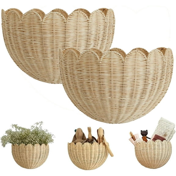 Scalloped Wall Basket,Hanging Hand Woven Wicker Wall Basket with Metal Frame & Hook, Scalloped Rattan Wall Storage & Decor for Home decoration (14"x6"x8", 2pcs)