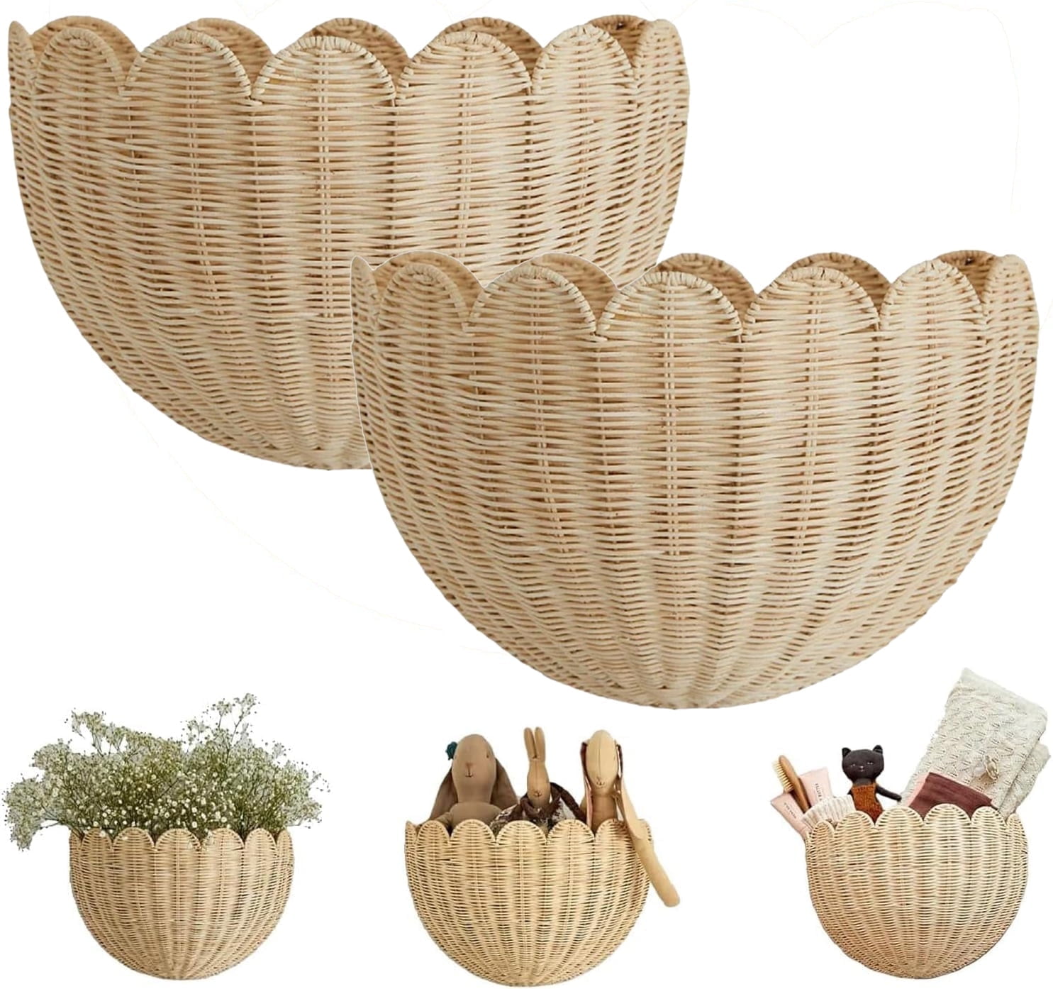 Scalloped Wall Basket,Hanging Hand Woven Wicker Wall Basket with Metal Frame & Hook, Scalloped Rattan Wall Storage & Decor for Home,Kitchen,Living Room (16"x7"x10"(2pcs)) - Walmart.com