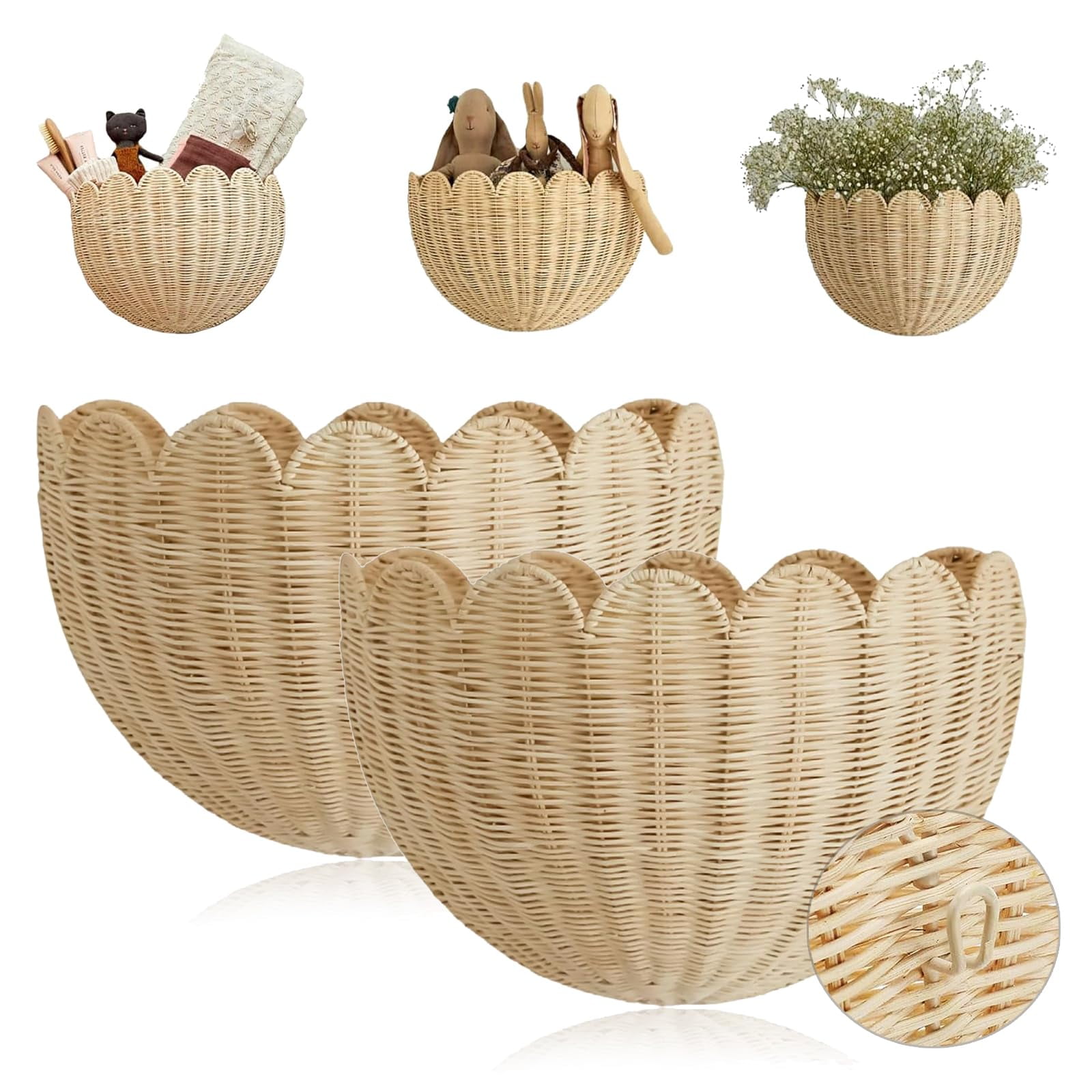 Scalloped Wall Basket - Scalloped Hanging Wicker Baskets for Wall, Hand Scalloped Wicker Wall Basket Home Decor for Entryway, Kitchen, Office, Living Room