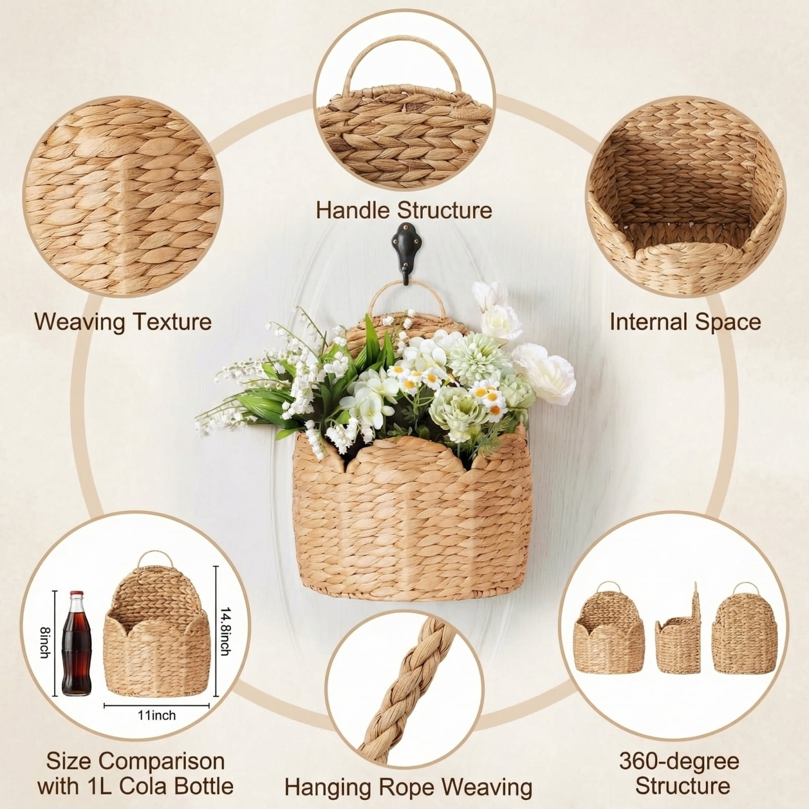 Scalloped Wall Hanging Baskets Scalloped Edge Hanging Planter Basket Water Hyacinth Woven Wall Baskets, Hand Wicker Woven Plastic Rattan Craft for Front Door