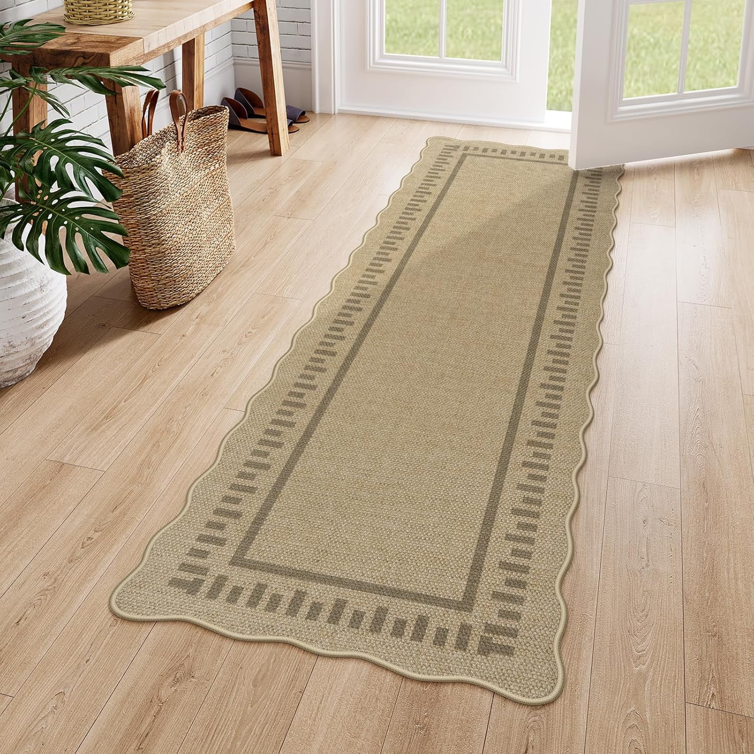 Scalloped Washable 2x6 Runner Rug, Easy Jute Outdoor Rug Kitchen Tan Rugs for Entryway Hallway, Indoor Non Slip Rugs Farmhouse Geometric Modern Carpet for Laundry Room Bedroom Door Mat Porch
