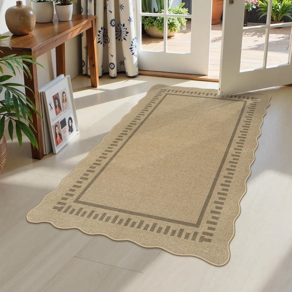 Scalloped Washable 3x5 Outdoor Rug, Easy Jute Tan Rugs for Entryway Bedroom, Indoor Outdoor Non Slip Farmhouse Rugs for Patio Living Room, Geometric Carpet Front Door Mat for Porch Kitchen