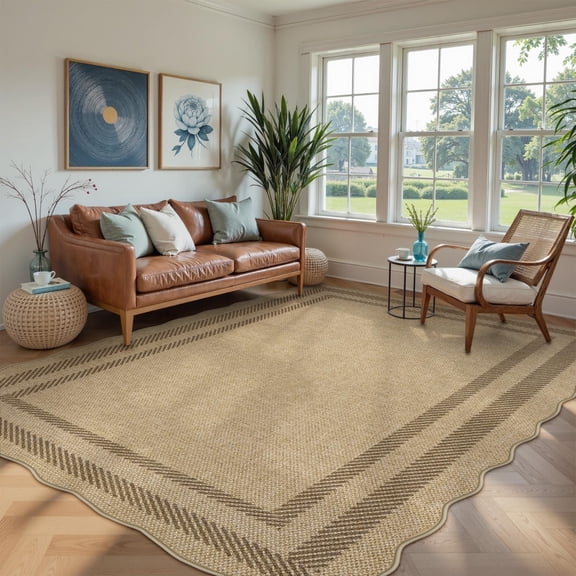 Scalloped Washable 8x10 Rug Easy Jute Tan For Living Room Indoor Outdoor Patio Non Slip Rugs Bedroom Geometric Farmhouse Dining Mat Modern Carpet Area Home Office Decor