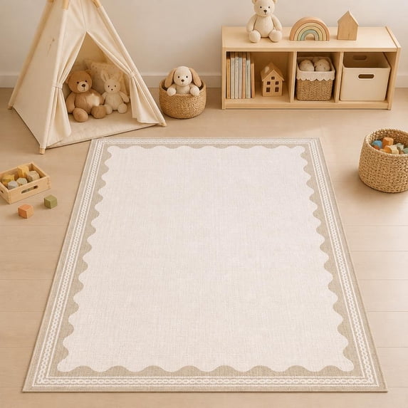 Scalloped Washable Area Rug, Non-Slip Low Pile Soft Machine Washable ...