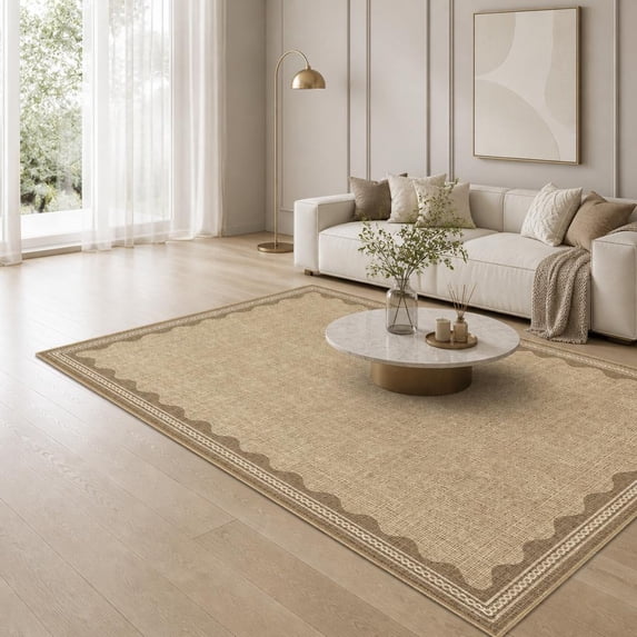 Scalloped Washable Area Rug, Non-Slip Low Pile Soft Machine Washable ...