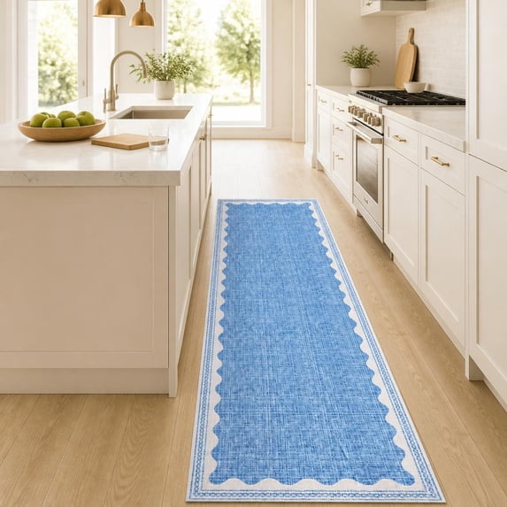 Scalloped Washable Area Rug, Non-Slip Low Pile Soft Machine Washable ...