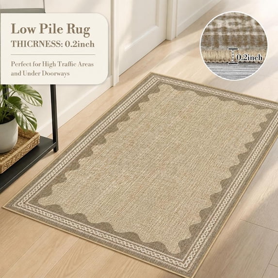 Scalloped Washable Area Rug, Non-Slip Low Pile Soft Machine Washable ...