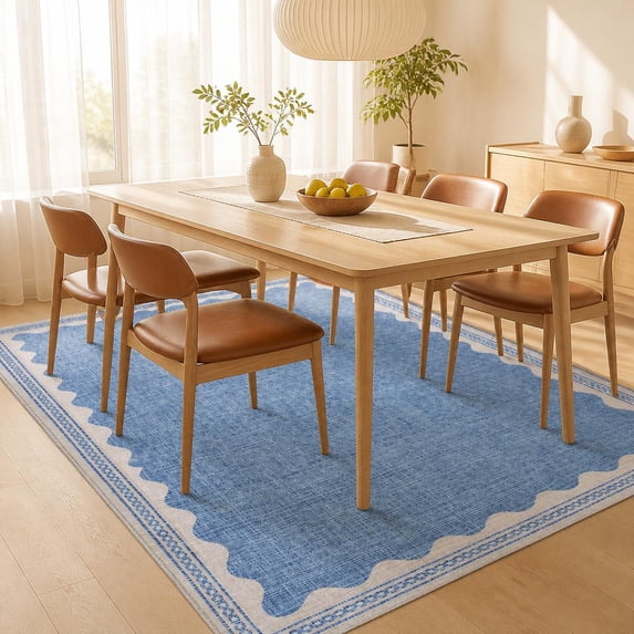 Scalloped Washable Area Rug, Non-Slip Low Pile Soft Machine Washable ...