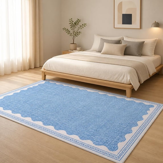 Scalloped Washable Area Rug, Non-Slip Low Pile Soft Machine Washable ...