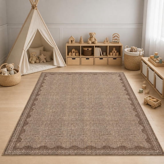 Scalloped Washable Area Rug, Non-Slip Low Pile Soft Machine Washable ...