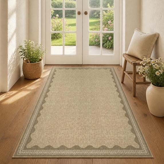 Scalloped Washable Area Rug, Non-Slip Low Pile Soft Machine Washable ...