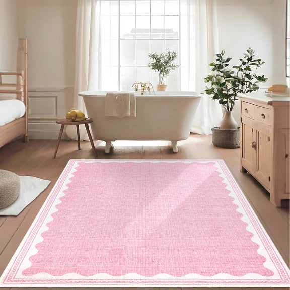 Scalloped Washable Non-Slip Rug Low-Pile Solid Modern Minimalism Indoor Carpet for Entryway Bedroom Living Room Kitchen Bathroom