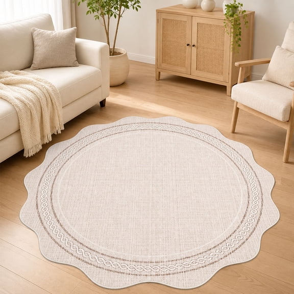 Scalloped Washable Round Rugs 5ft Non Slip Soft, Beige