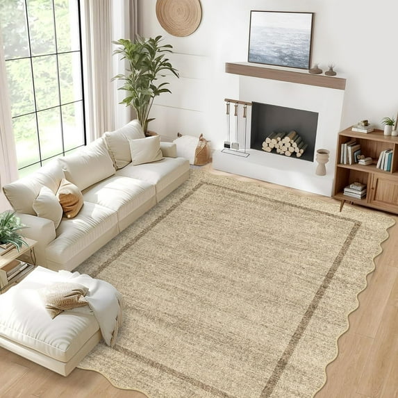 Scalloped Washable Rug 5x7 Area Rugs for Living Room Non Slip Throw Rugs Bedroom Rugs Boho Low Pile Soft Non Shedding Stain Resistant Carpet for Dining Room Nursery Office 5'x7' Jute