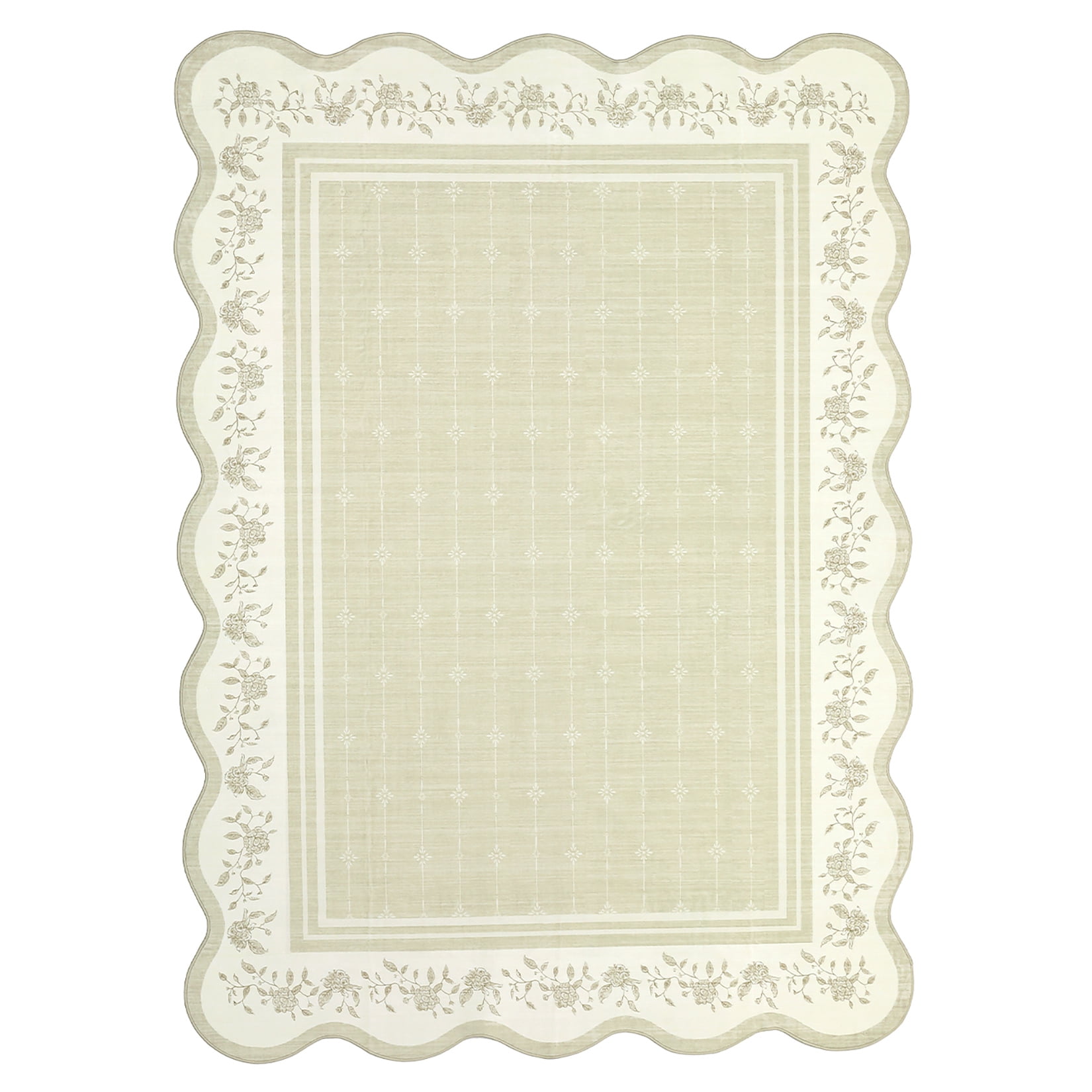 Scalloped Washable Rug 9x12 Rugs for Living Room Bedroom Non Slip Neutral Nursery Rug Modern Bordered Floral Mat Indoor Soft Non-Shedding Accent Carpet for Dining Room Kids Room Dorm Beige