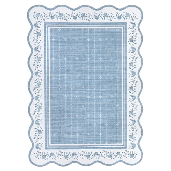 Scalloped Washable Rug 9x12 Rugs for Living Room Bedroom Non Slip Neutral Nursery Rug Modern Bordered Floral Mat Indoor Soft Non-Shedding Accent Carpet for Dining Room Kids Room Dorm Blue