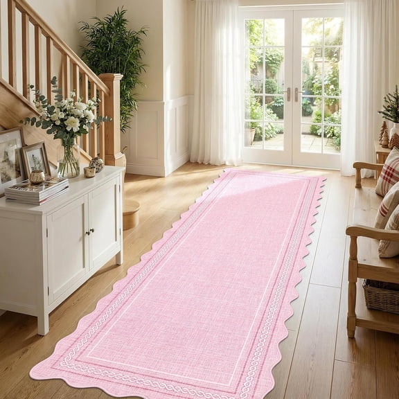 Scalloped Washable Rugs 2x6 Hallway Runner Non Slip Kitchen Rugs Soft Non Shedding Low Pile Entryway Rug Stain Resistant Carpet for Bath Laundry Room, Pink